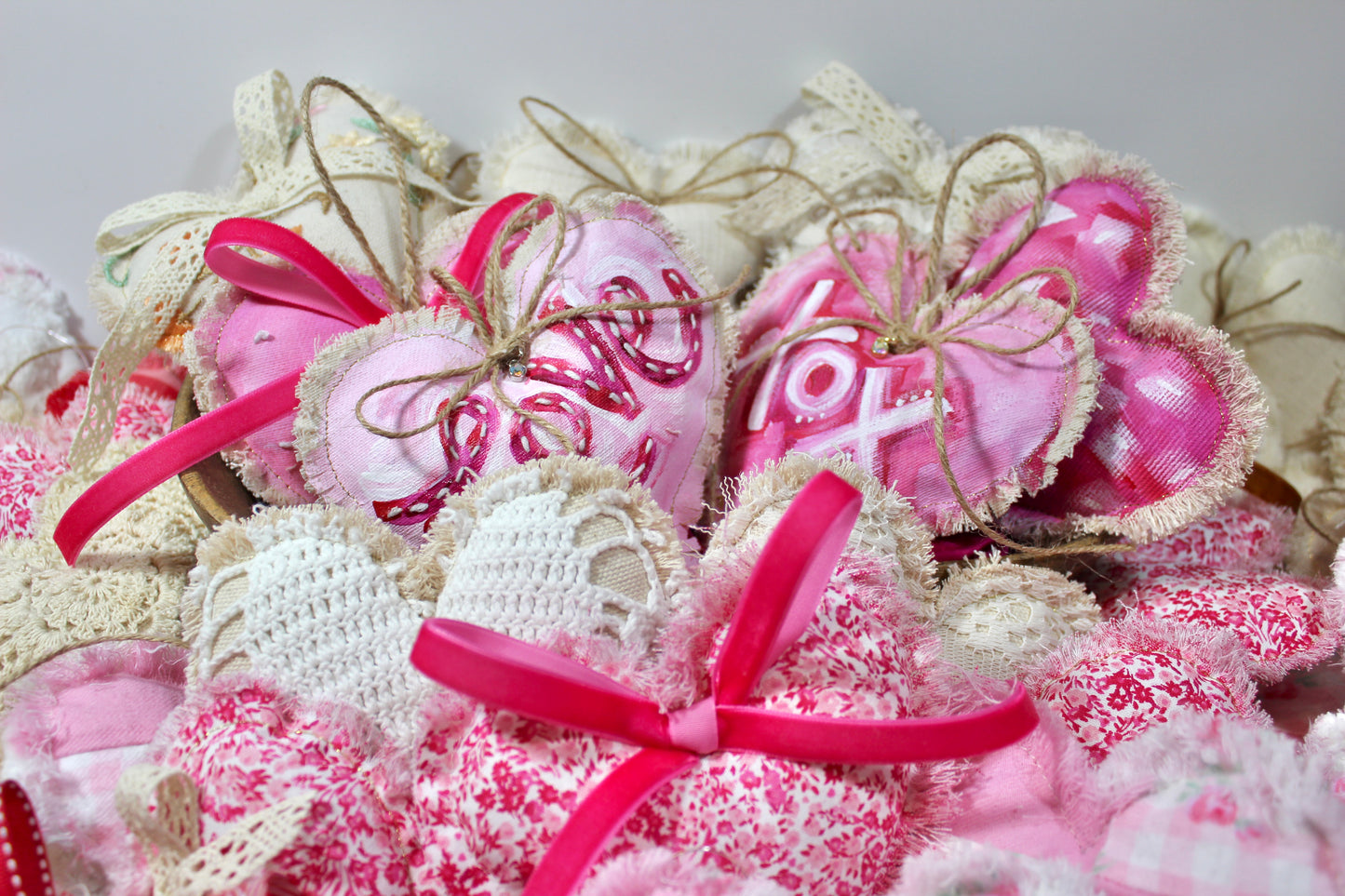 Set of 3 Painted Vintage Fabric Plush Hearts