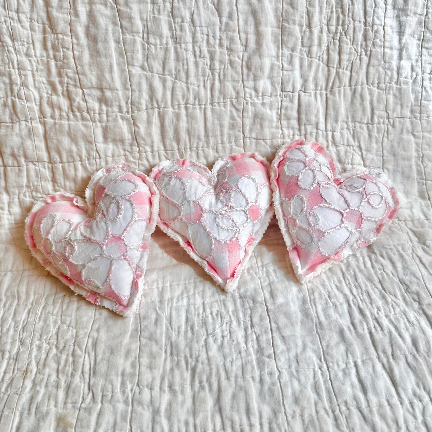 Pink Embroidered Check Hearts Trio