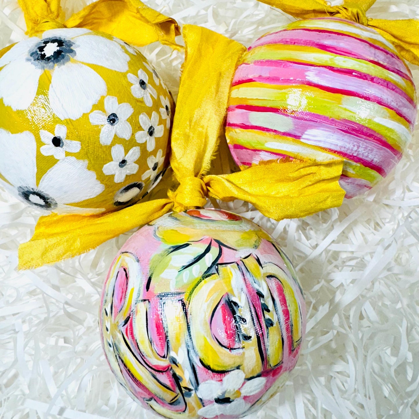 Sweet Pink & Yellow Floral Handpainted, Papier Mâché Baubles, Set of 3 Christmas Ornaments