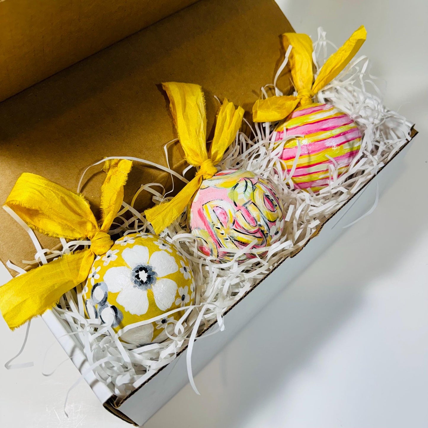 Sweet Pink & Yellow Floral Handpainted, Papier Mâché Baubles, Set of 3 Christmas Ornaments