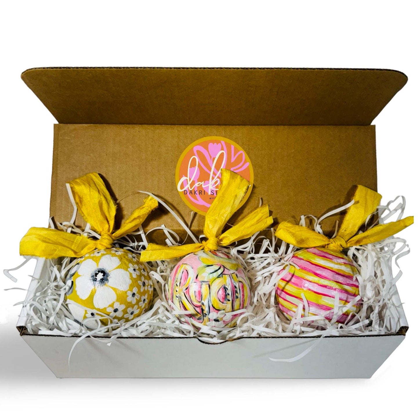 Sweet Pink & Yellow Floral Handpainted, Papier Mâché Baubles, Set of 3 Christmas Ornaments