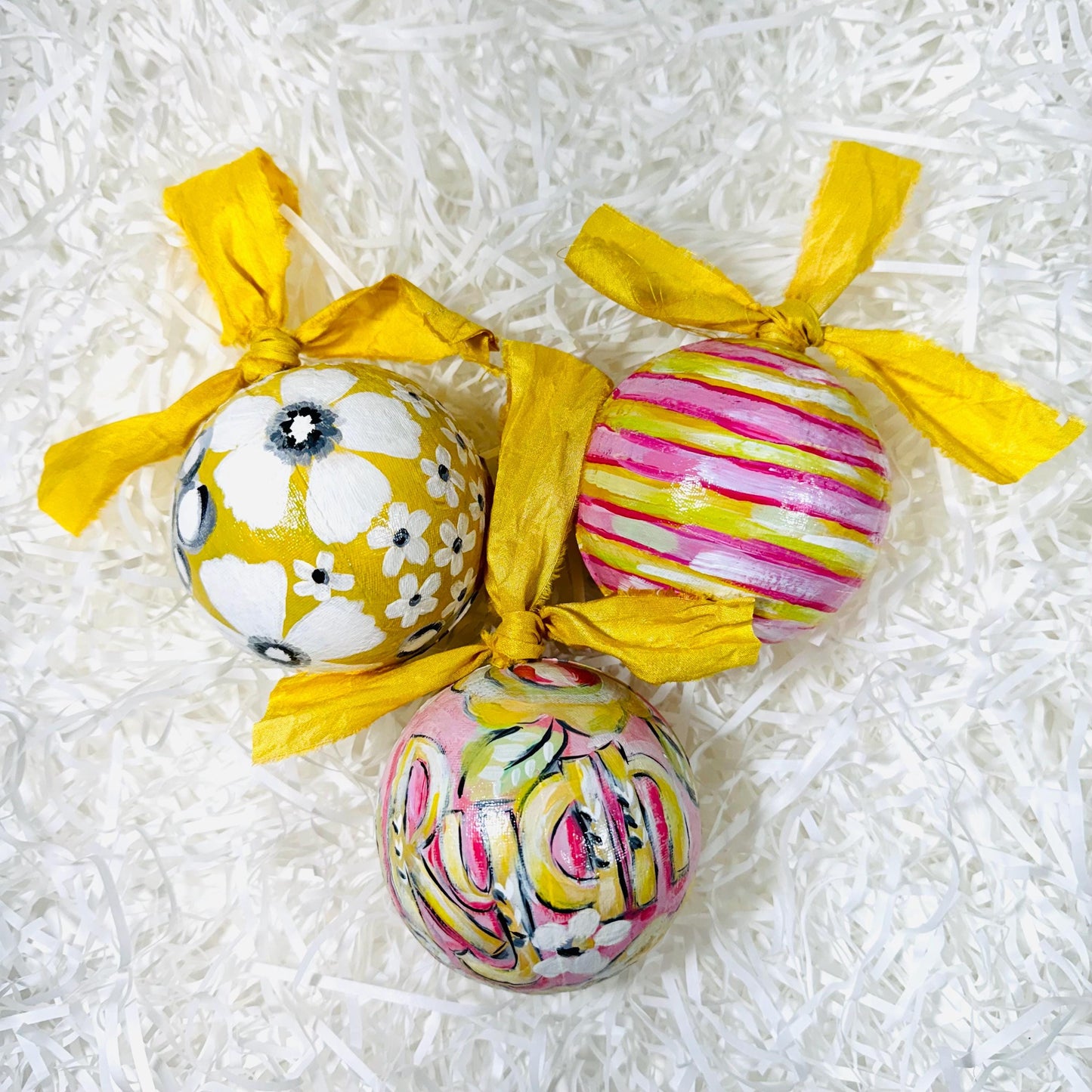 Sweet Pink & Yellow Floral Handpainted, Papier Mâché Baubles, Set of 3 Christmas Ornaments