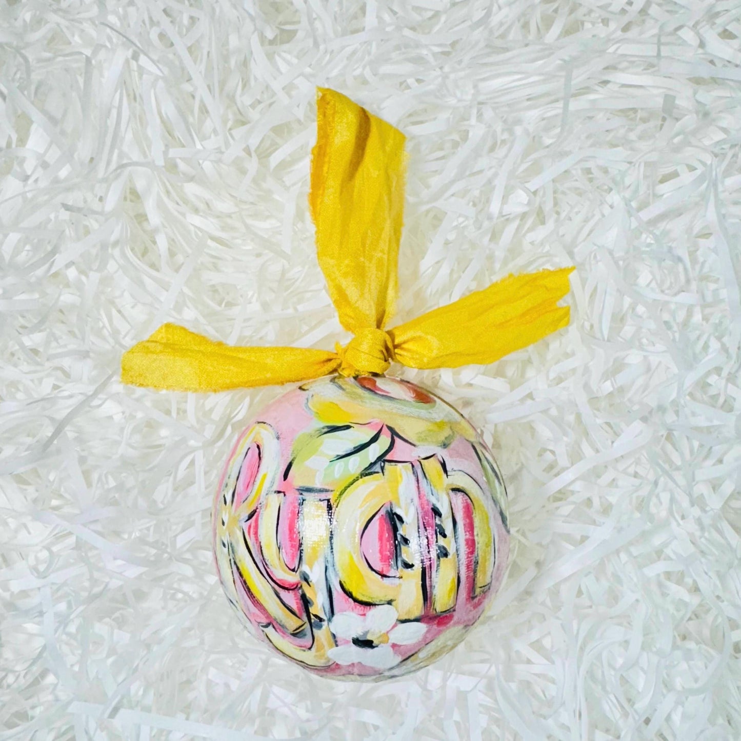 Sweet Pink & Yellow Floral Handpainted, Papier Mâché Baubles, Set of 3 Christmas Ornaments