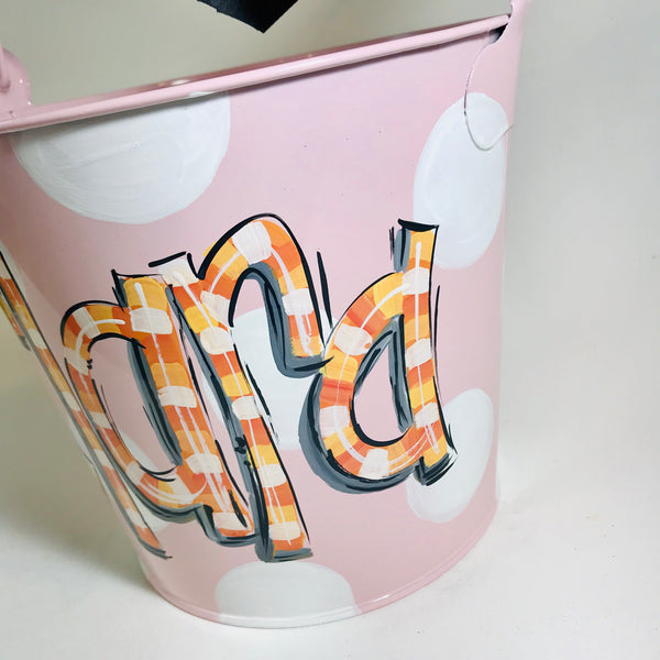 PAIL, Halloween  'Candy Corn' Font on Pink Metal Pail