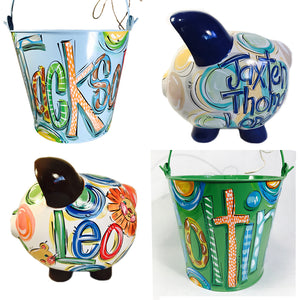 , gifts for boys, personalized gifts for boys, piggy banks for boys, boy piggy banks, room decor for boys, piggy banks, piggy bank, painted metal buckets for boys, boys personalized buckets
