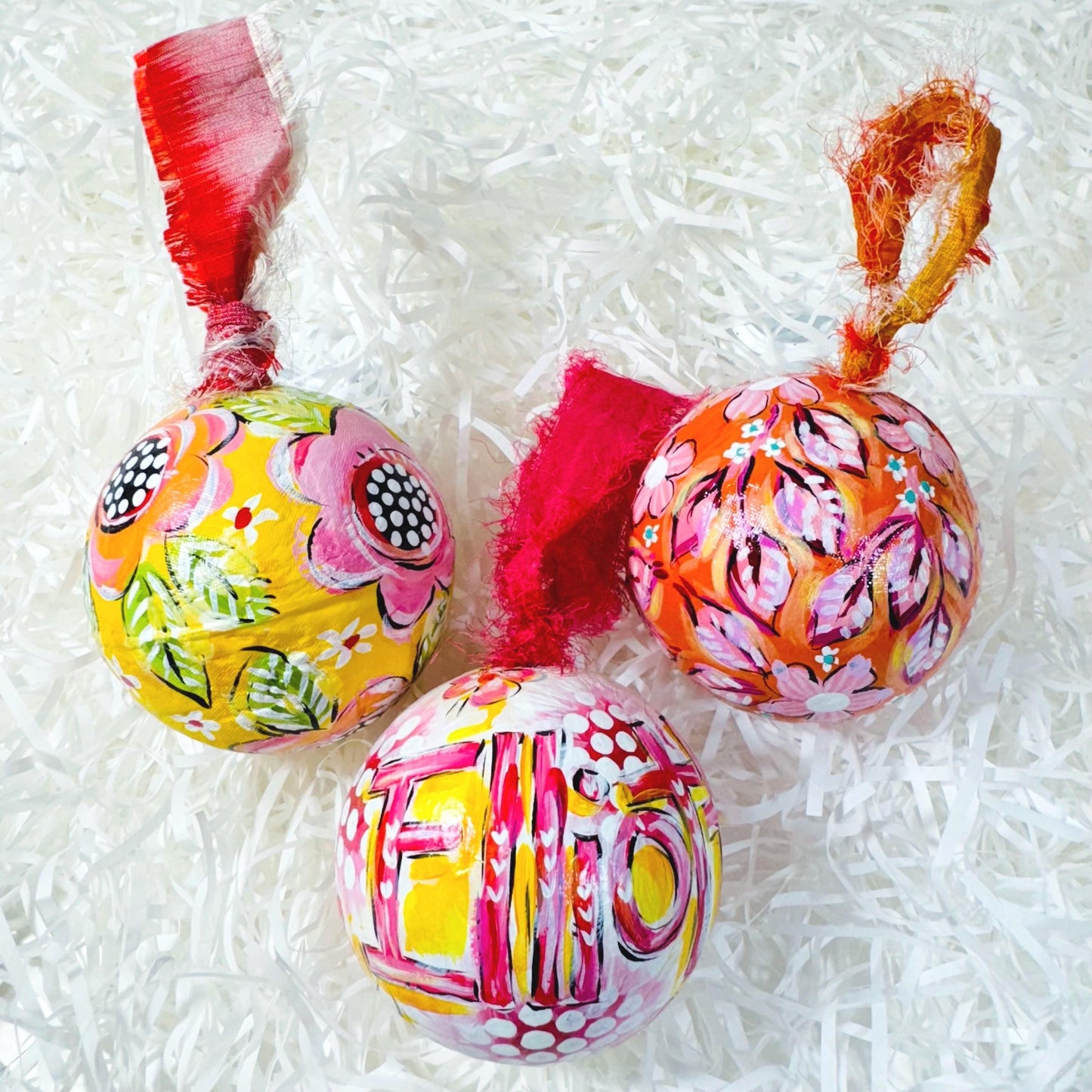 PAPER MACHE BAUBLE SET, YELLOW FLORAL