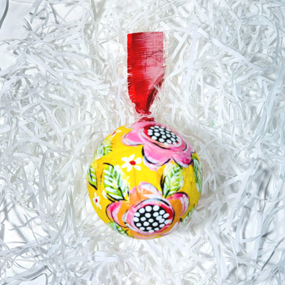 PAPER MACHE BAUBLE SET, YELLOW FLORAL