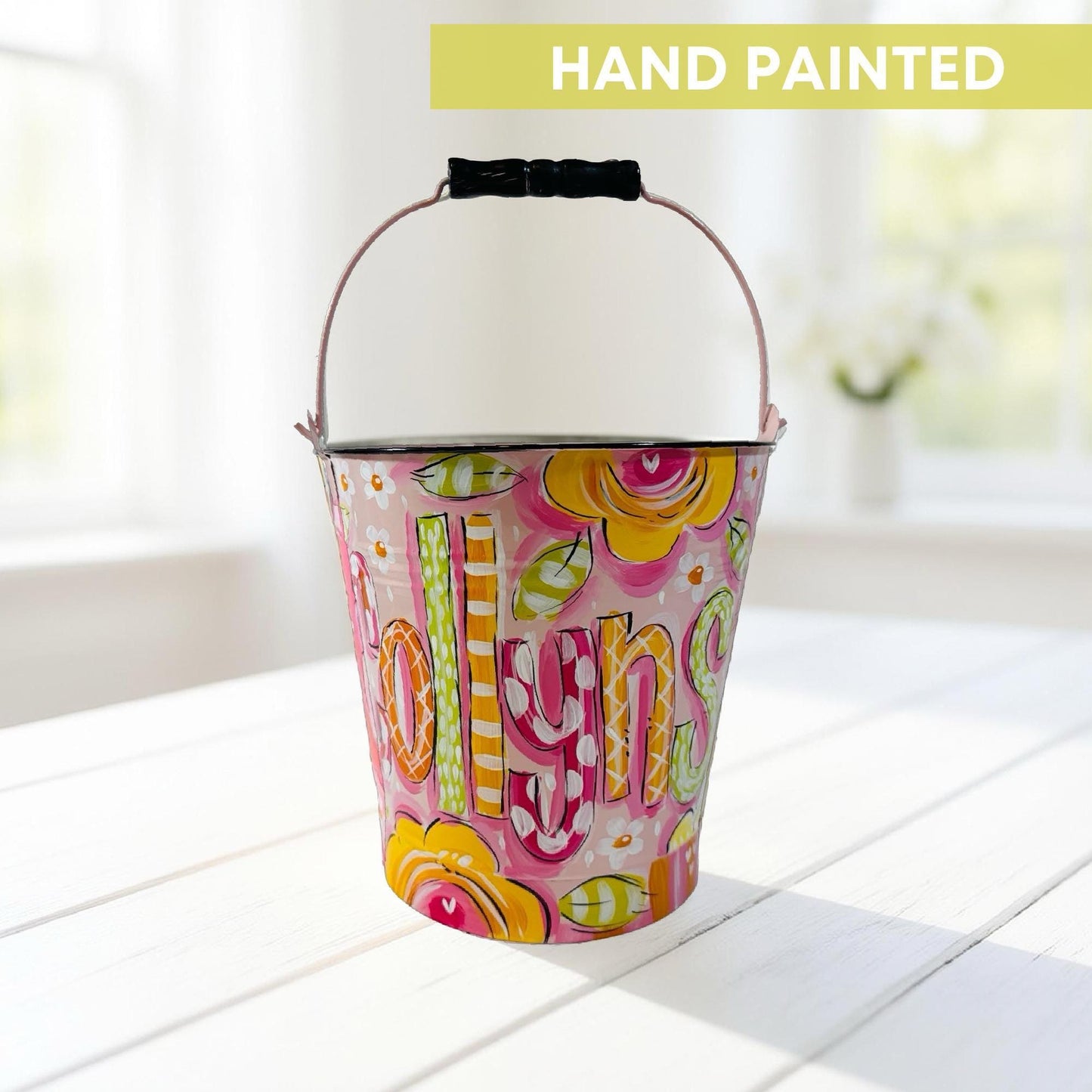 Personalized Easter Bucket Custom Name Monogram Metal Storage Container Easter Egg Hunt Basket Hand Painted Floral Design Holiday Gift Idea Children Present Spring Celebration Collection Decorative Pail Toy Storage Solution Durable Metal