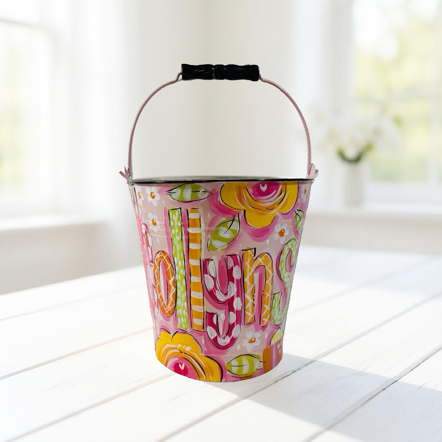 Metal Storage Bin Custom Name Container Personalized Easter Bucket Toy Organization Solution Hand Painted Floral Design Decorative Storage Pail Monogram Option Available Multiple Size Options Durable Construction Holiday Gift Basket