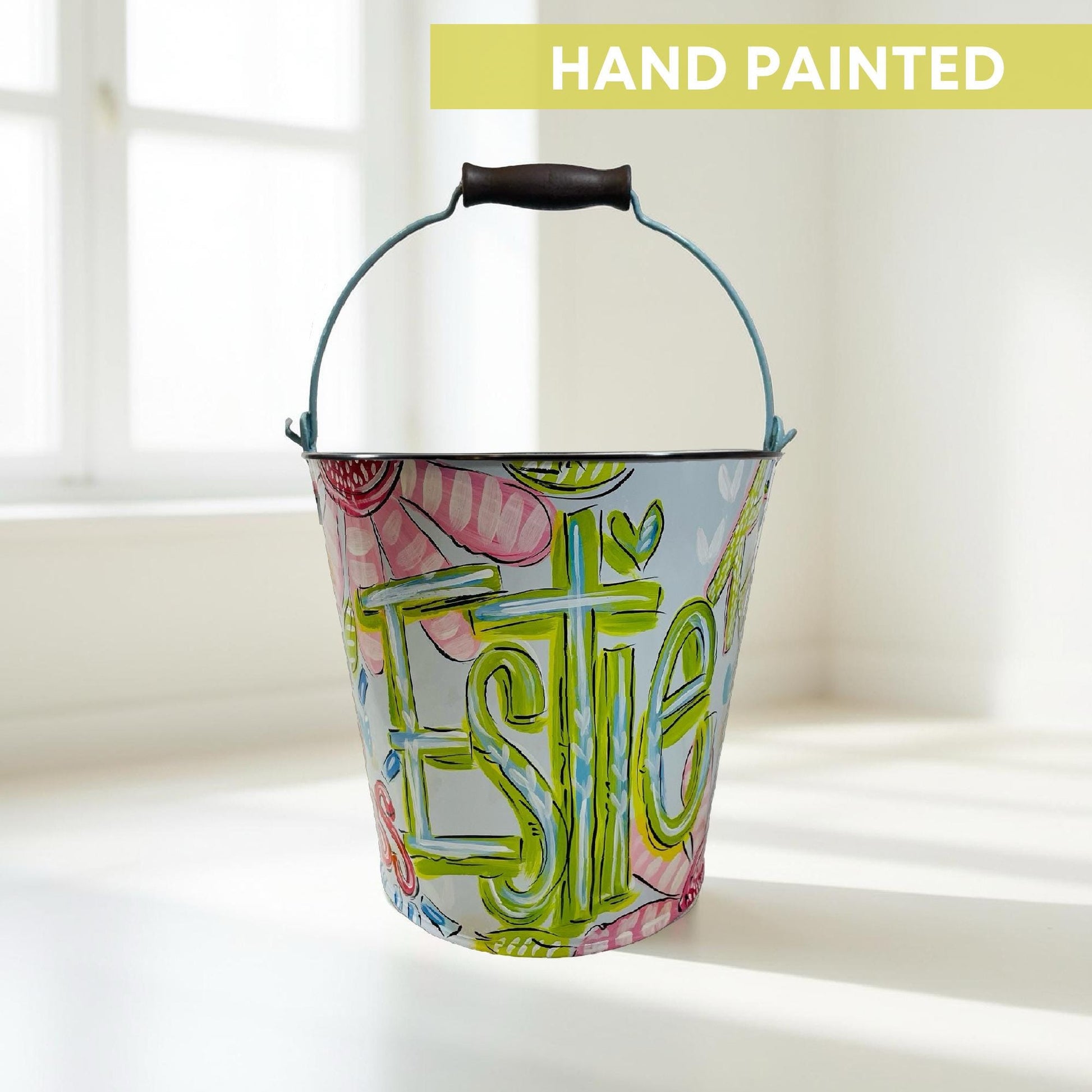 Personalized Easter Bucket Hand Painted Basket Custom Name Gift Easter Egg Hunt Container Pink Floral Design Girls Style Metal Pail Spring Colors Flower Pattern Unique Keepsake Birthday Present Baby Shower Gift Storage Solution Reusable