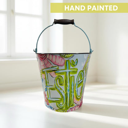 Personalized Easter Bucket Hand Painted Basket Custom Name Gift Easter Egg Hunt Container Pink Floral Design Girls Style Metal Pail Spring Colors Flower Pattern Unique Keepsake Birthday Present Baby Shower Gift Storage Solution Reusable