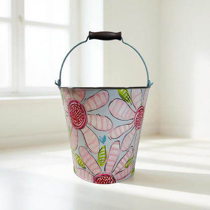 Hand Painted Easter Basket Custom Name Bucket Personalized Gift Girls Flower Design Pink Green Floral Pattern Metal Container Easter Celebration Accessory Storage Solution Unique Present Special Occasion Gift Customized Keepsake Spring