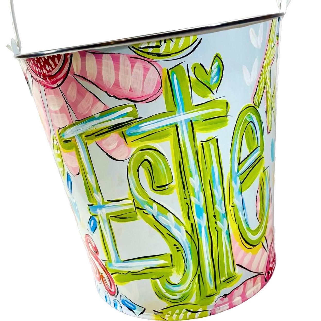 Custom Name Bucket Personalized Easter Basket Hand Painted Design Flower Pattern Detail Pink Green Color Scheme Girls Style Gift Metal Pail Easter Egg Collection Container Storage Solution Nursery Organization Birthday Present Baby Shower