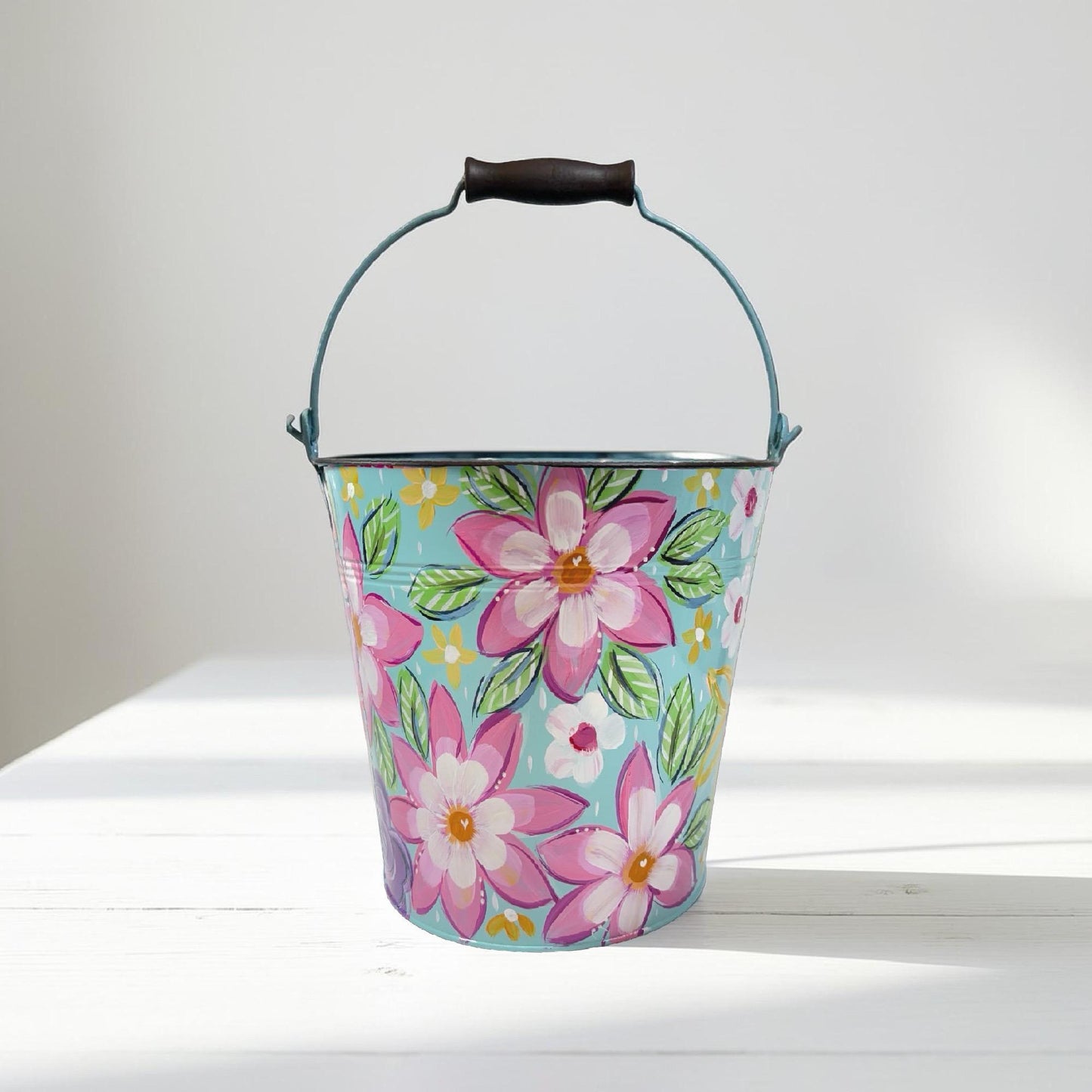 Hand Painted Bucket Floral Design Easter Basket Personalized Name Gift Spring Decoration Custom Metal Container Beautiful Blue Pink Pattern Decorative Bow Easter Celebration Item Children Present Special Gift Idea Unique Storage Solution