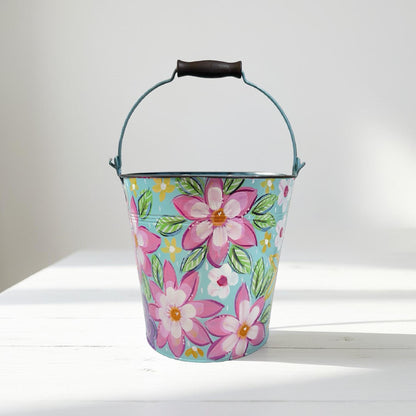 Hand Painted Bucket Floral Design Easter Basket Personalized Name Gift Spring Decoration Custom Metal Container Beautiful Blue Pink Pattern Decorative Bow Easter Celebration Item Children Present Special Gift Idea Unique Storage Solution