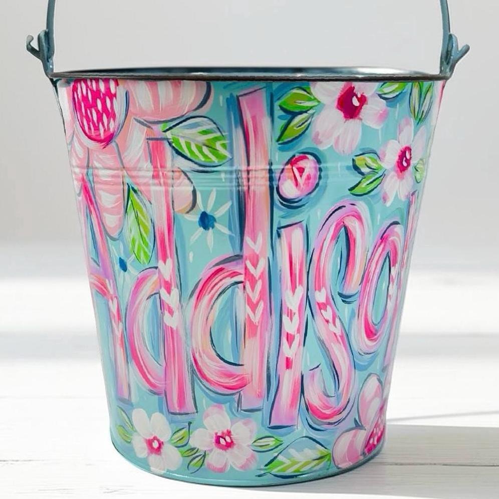 Custom Name Bucket Storage Solution Hand Painted Container Personalized Easter Basket Floral Design Pattern Metal Pail Spring Colors Beautiful Decoration Versatile Storage Option Children Gift Idea Birthday Present Easter Egg Hunt Container