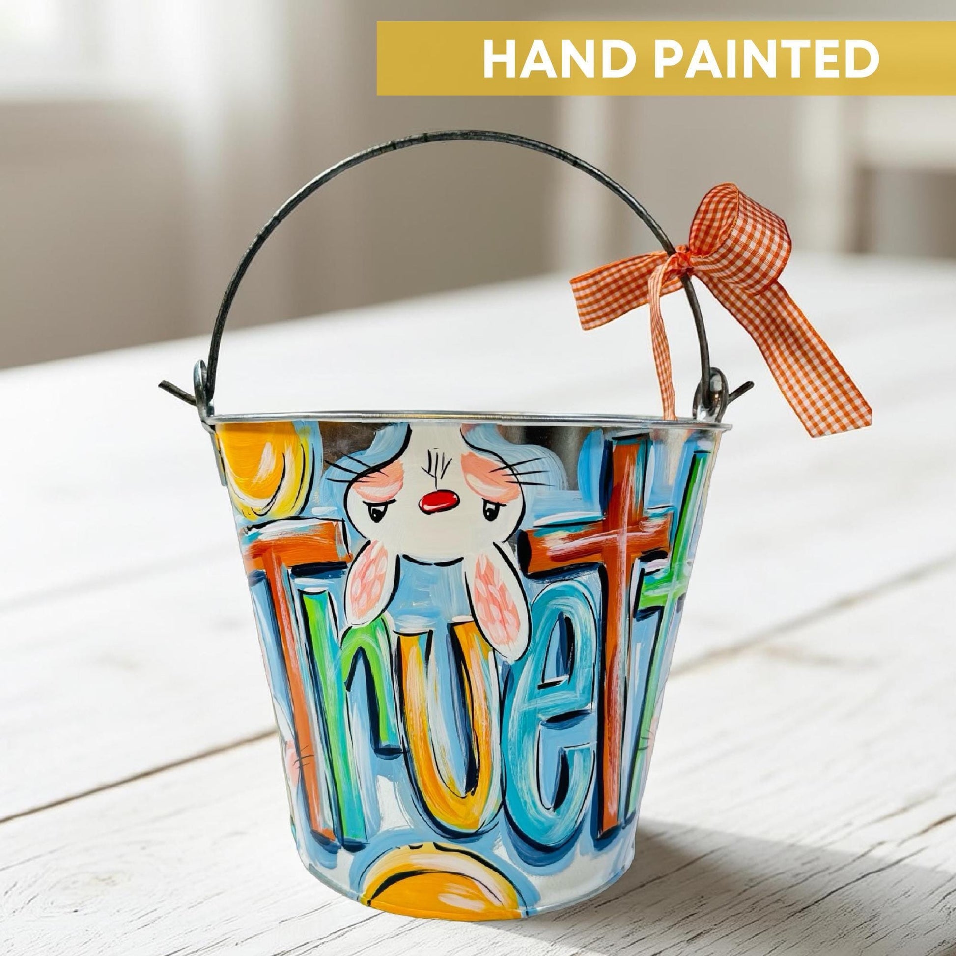 Personalized Easter Bucket Blue Hand Painted Name Custom Pail Easter Basket Alternative Spring Holiday Celebration Kids Gift Colorful Design Durable Metal Handle Practical Storage Solution Easter Egg Collection Candy Container Toys