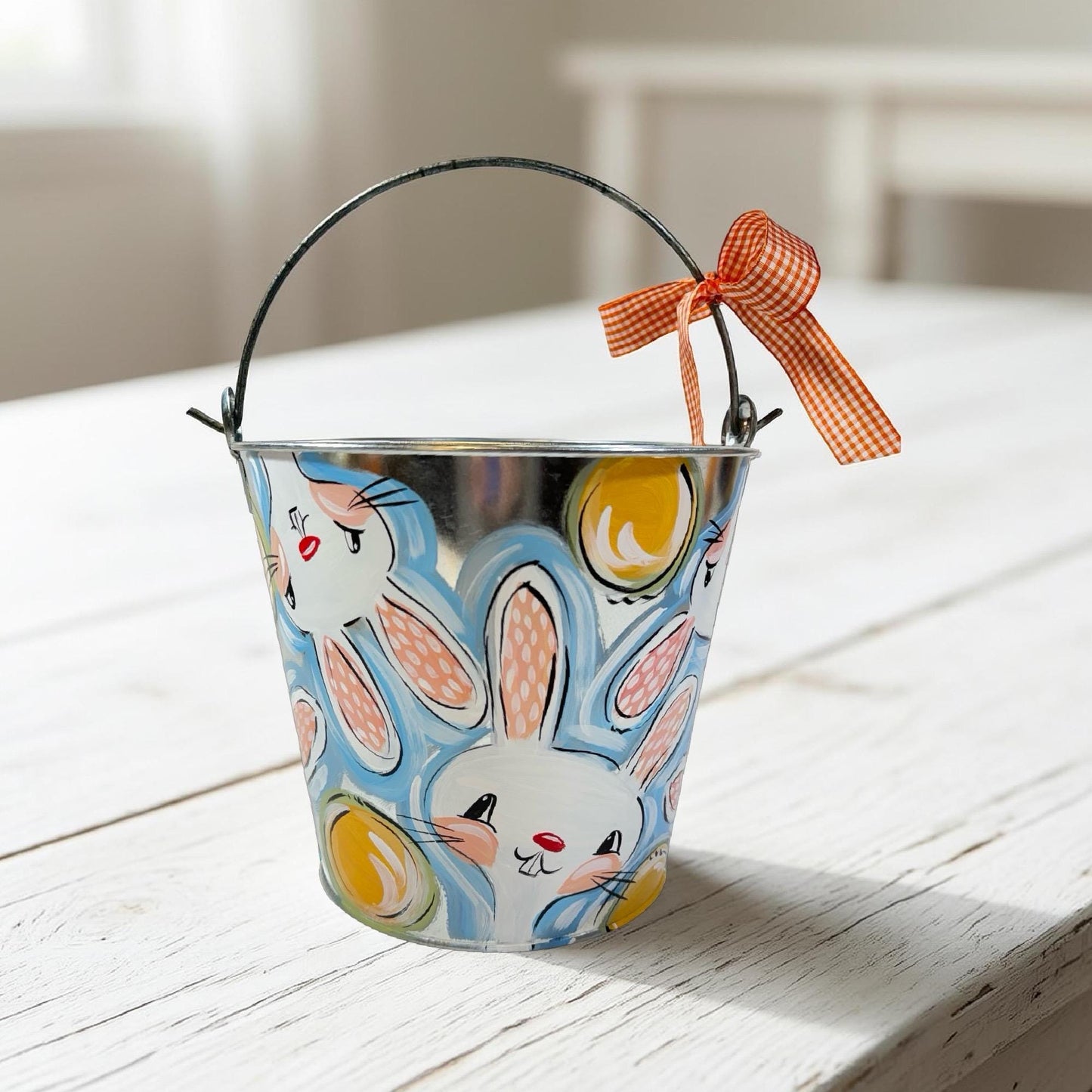 Blue Storage Bucket Personalized Name Decoration Kids Room Organization Custom Easter Pail Hand Painted Design Childrens Bedroom Storage Playroom Container Solution Colorful Easter Basket Alternative Practical Gift Idea Durable Construction