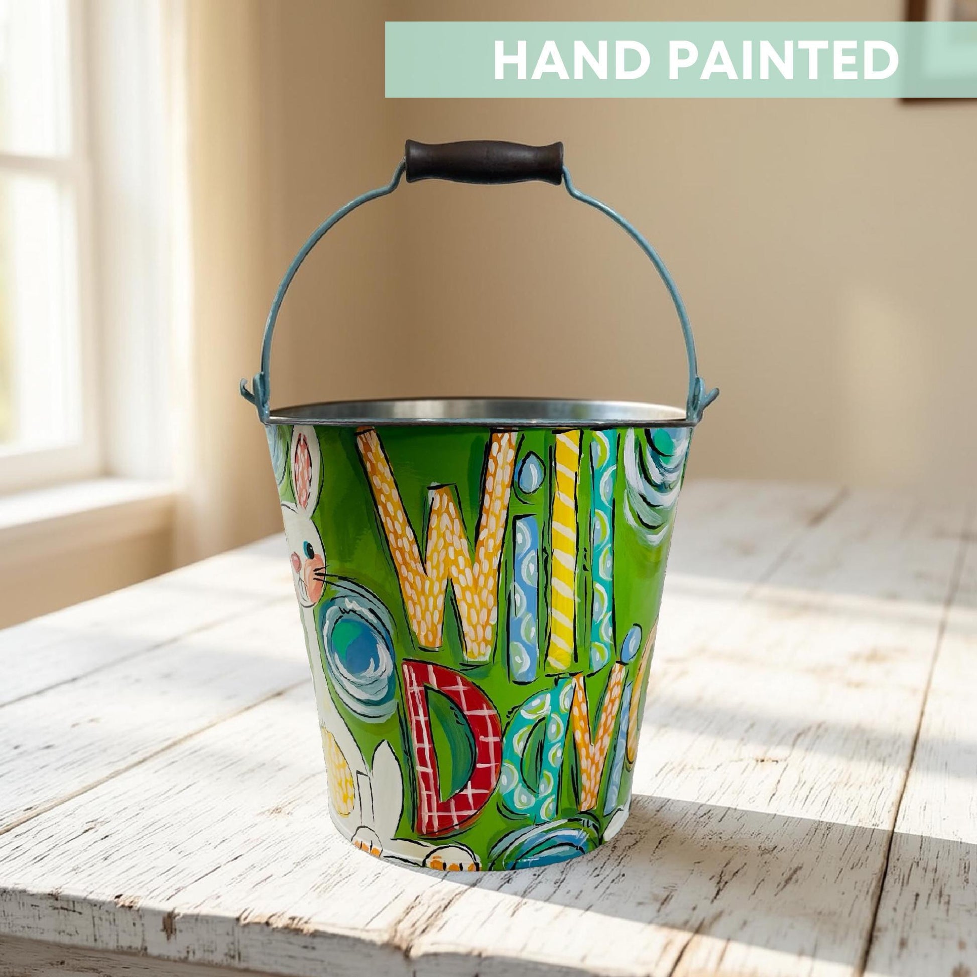Personalized Easter Bucket Boy Gift Blue Metal Pail Hand Painted Name Custom Easter Basket Egg Hunt Container Special Holiday Decoration Storage Solution Kids Easter Gift Idea Spring Celebration Item Customized Easter Present Metal