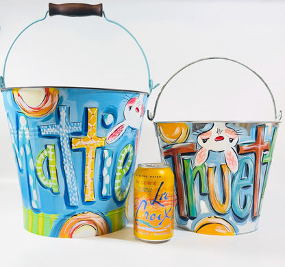 Custom Name Bucket Easter Gift Personalized Boy Basket Blue Metal Pail Hand Painted Design Easter Hunt Container Special Gift Idea Storage Solution Versatile Use Easter Decoration Item Unique Present Idea Customized Easter Keepsake Spring