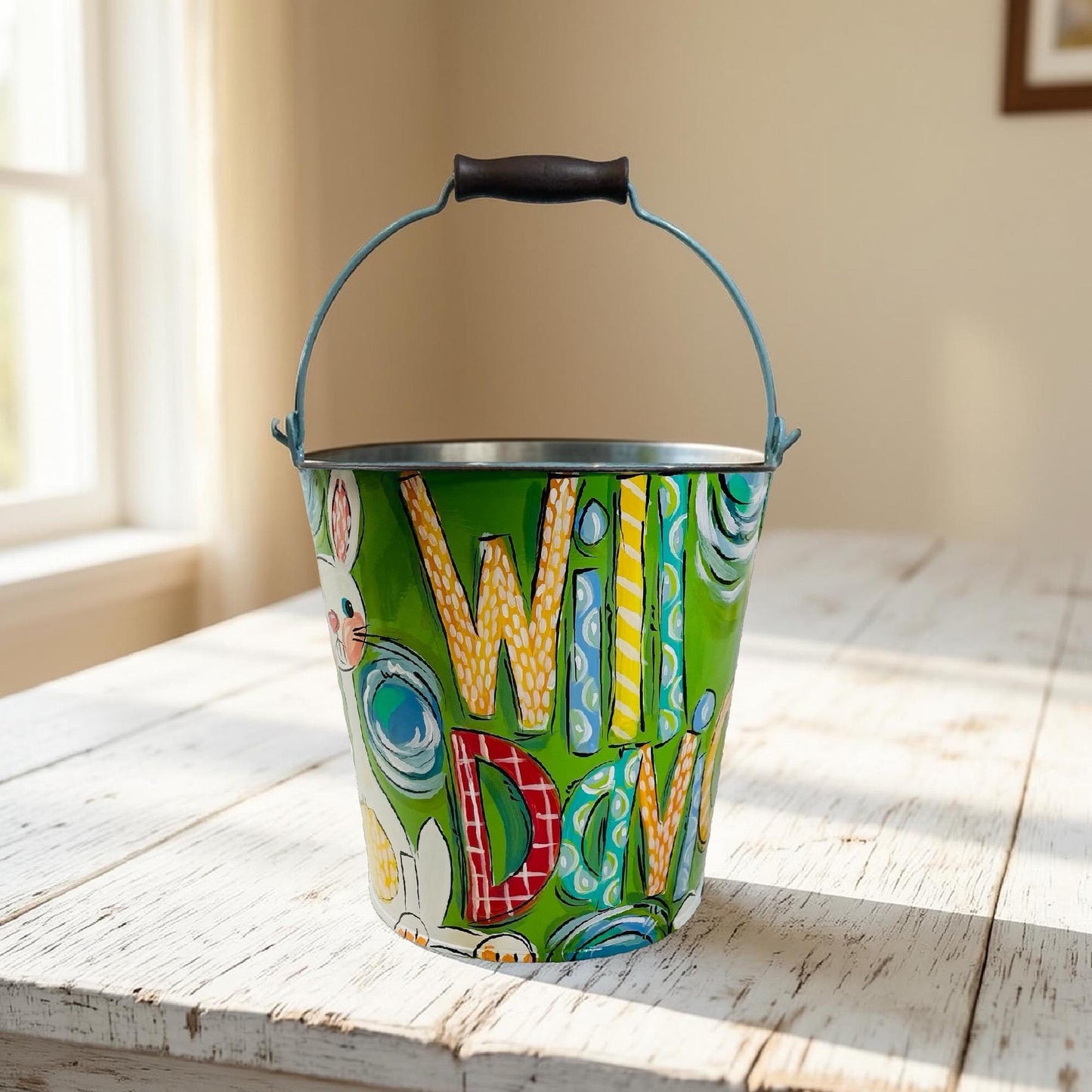 Blue Easter Bucket Personalized Gift Idea Hand Painted Name Design Boy Easter Basket Metal Container Storage Solution Custom Easter Decoration Holiday Hunt Essential Keepsake Quality Item Special Occasion Present Versatile Storage Option