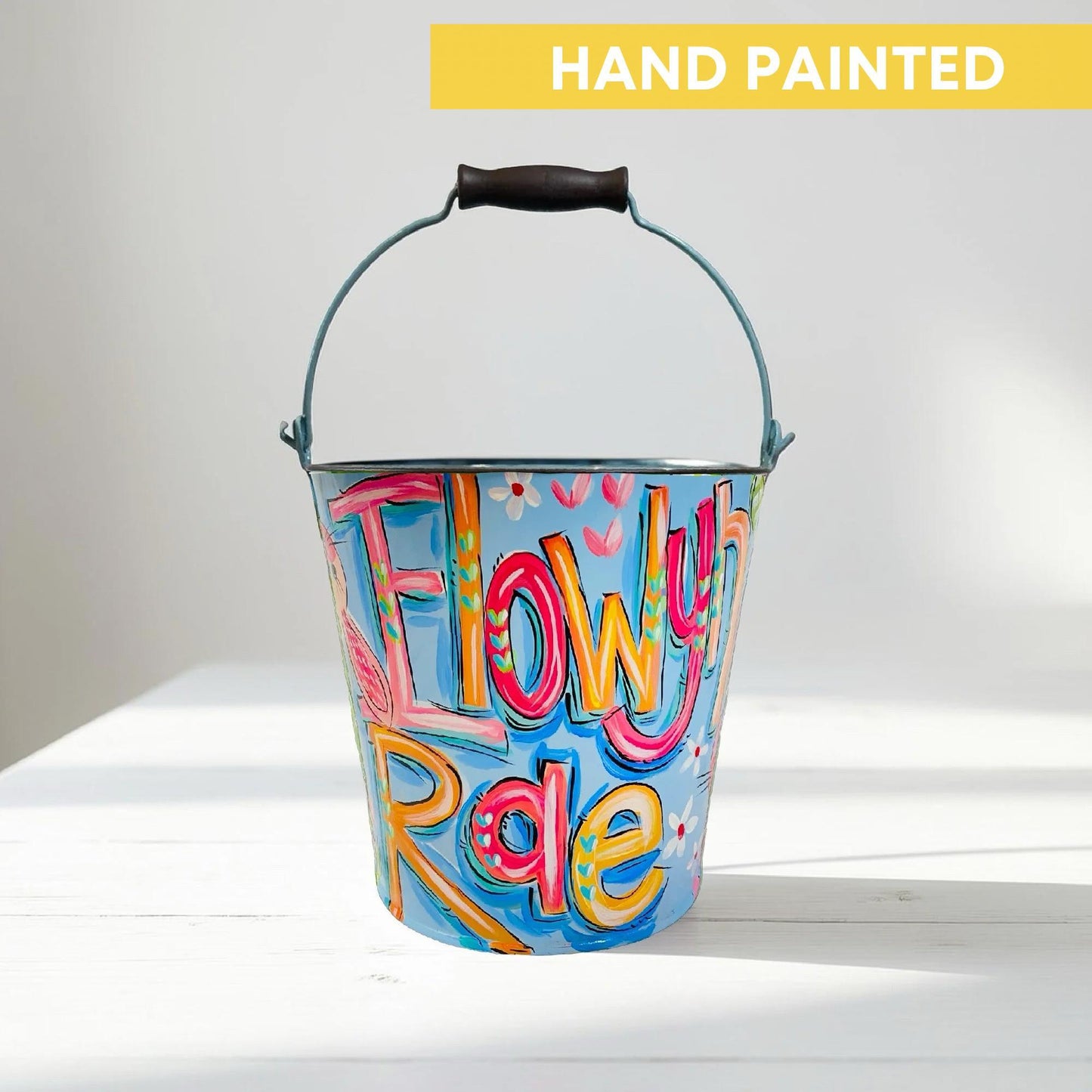 Personalized Easter Basket Hand Painted Bucket Custom Name Design Blue Pink Floral Pattern Easter Egg Hunt Container Special Holiday Gift Customizable Children Present Spring Celebration Essential Decorative Storage Solution Keepsake Item