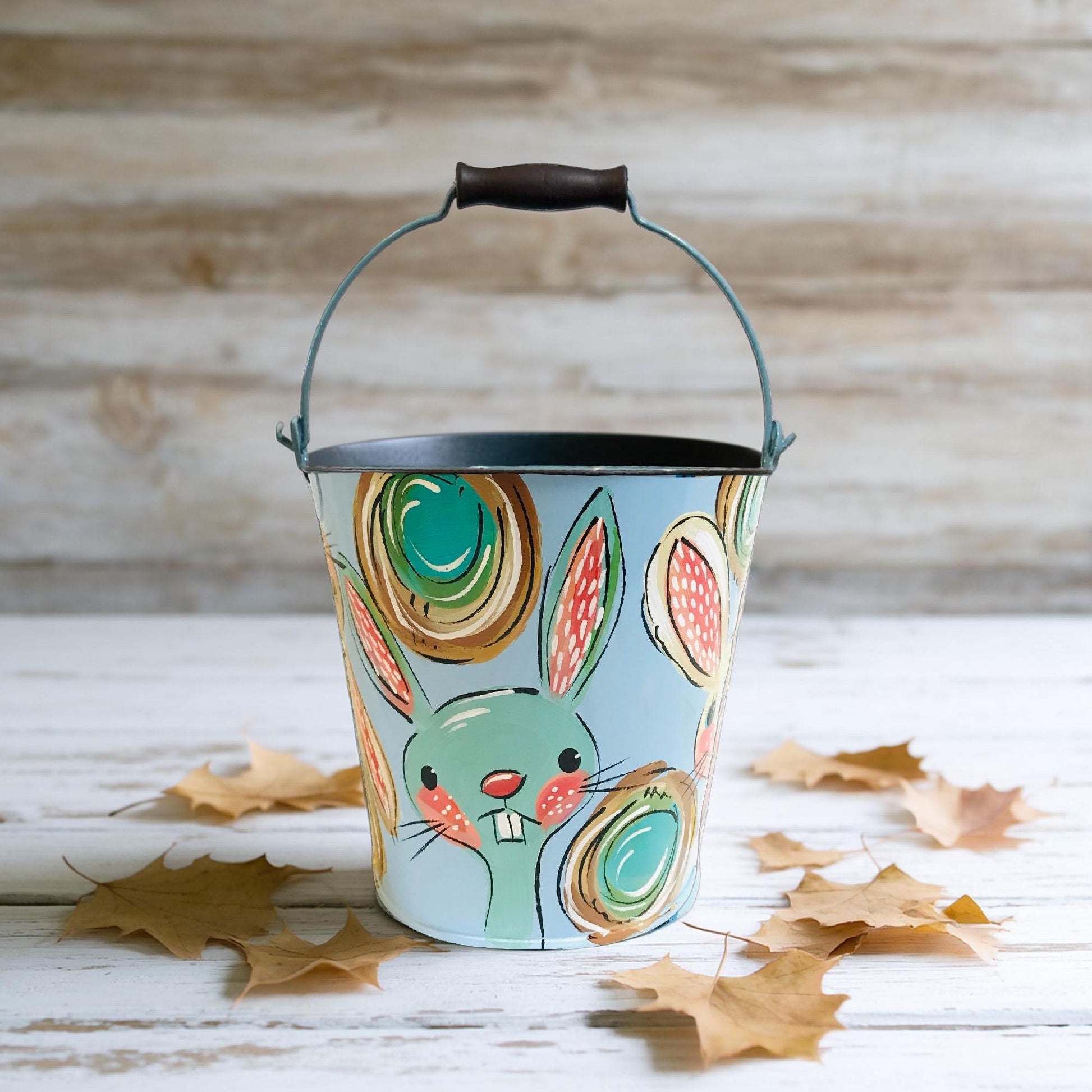 Blue Easter Bucket Personalized Name Design Hand Painted Metal Pail Bunny Decoration Theme Spring Holiday Collection Egg Hunt Basket Storage Container Toy Organization Solution Children Gift Idea Reusable Keepsake Quality Multiple Size