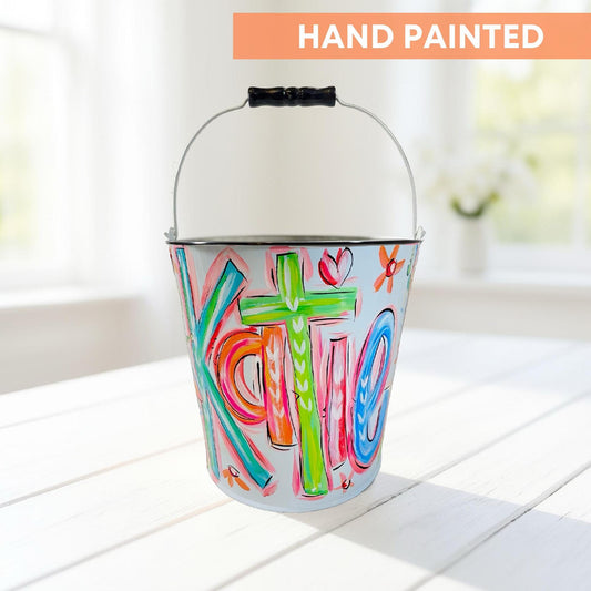 Personalized Easter Bucket Hand Painted Neon Colors Easter Basket Custom Name Gift Easter Egg Hunt Container Bright Colorful Design Kids Easter Tradition Unique Holiday Item Storage Solution Festive Spring Celebration Special Keepsake