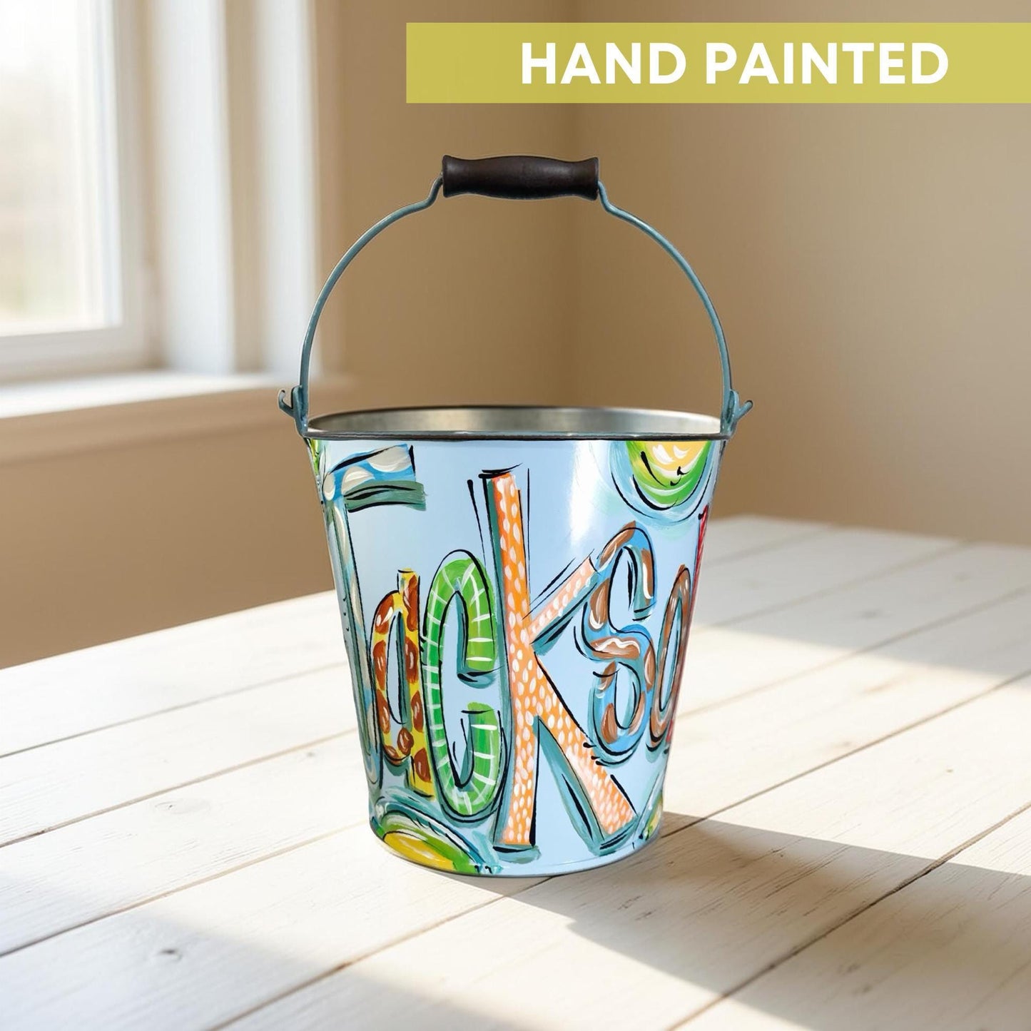 Personalized Easter Bucket Hand Painted Metal Pail Blue Name Boy Easter Celebration Custom Design Durable Container Toddler Gift Idea Candy Collection Basket Egg Hunt Helper Storage Solution Keepsake Item Special Holiday Tradition Easter