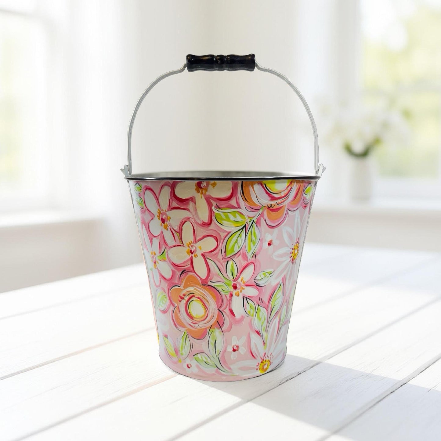 Unique Easter Gift Personalized Metal Bucket Hand Painted Container Custom Name Design Spring Celebration Basket Pink Flower Decoration Egg Hunt Collection Children Present Special Holiday Keepsake Beautiful Handcrafted Creation Storage