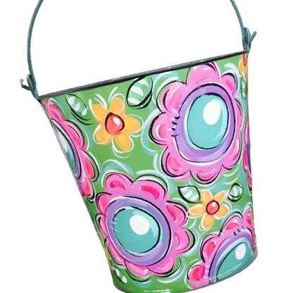 Custom Name Bucket Personalized Gift Idea Hand Painted Metal Pail Green Floral Design Easter Basket Alternative Children Storage Solution Decorative Container Birthday Present Spring Celebration Essential Versatile Organization System
