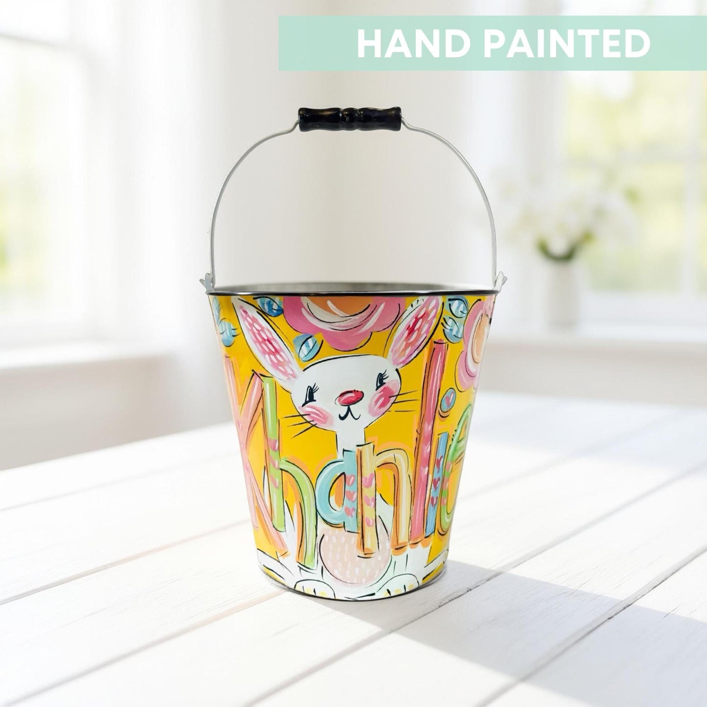 Personalized Easter Bucket Hand Painted Custom Name Basket Easter Gift Alternative Pink Container Holiday Storage Solution Decorative Metal Pail Children Present Special Celebration Item Customized Keepsake Design Beautiful Spring