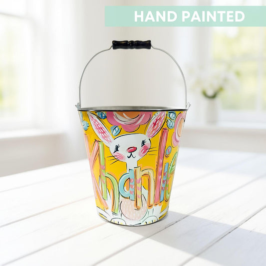 Personalized Easter Bucket Hand Painted Custom Name Basket Easter Gift Alternative Pink Container Holiday Storage Solution Decorative Metal Pail Children Present Special Celebration Item Customized Keepsake Design Beautiful Spring