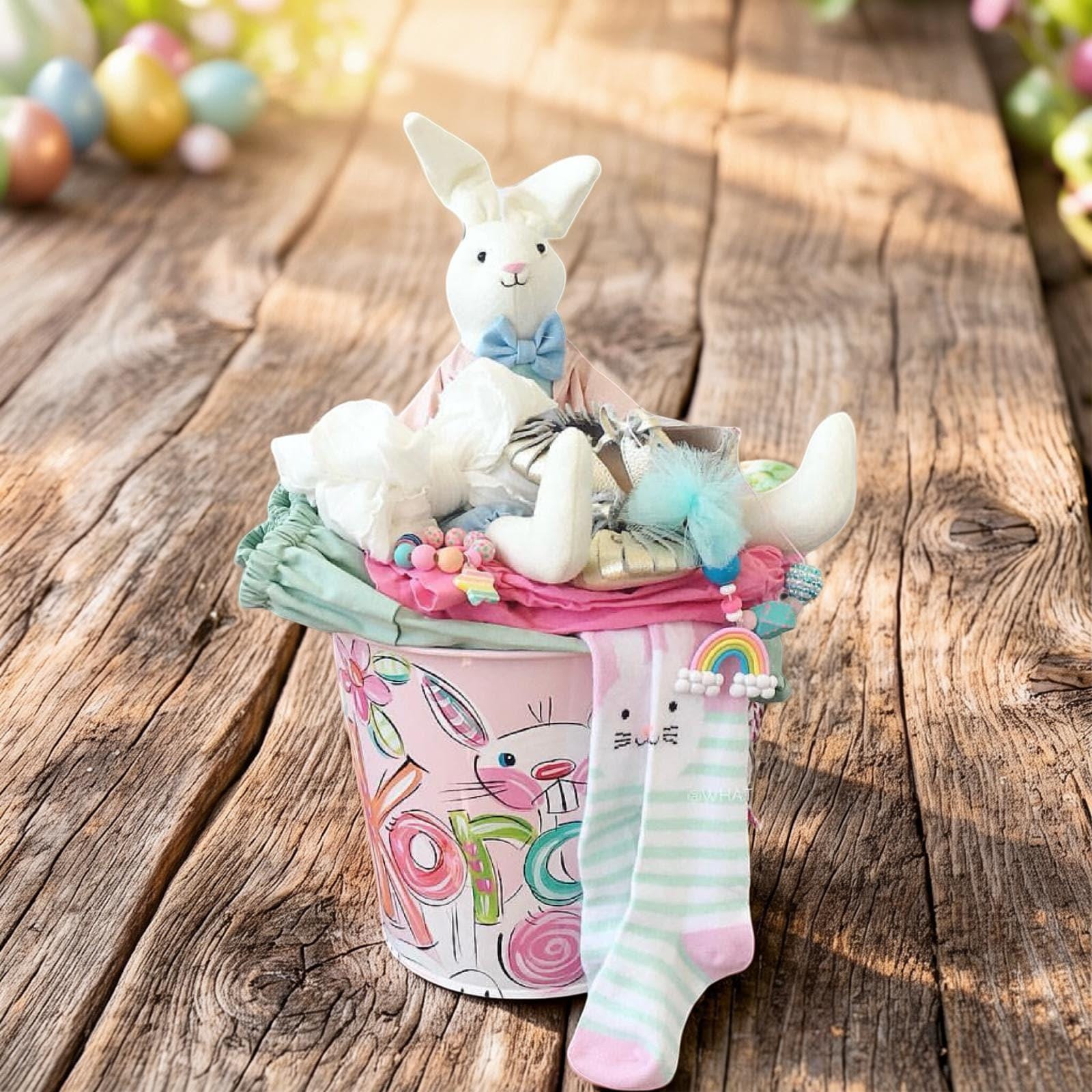 Hand Painted Container Personalized Bucket Design Custom Name Feature Pink Easter Alternative Decorative Storage Solution Holiday Gift Option Metal Pail Construction Beautiful Children Present Easter Celebration Essential Customized