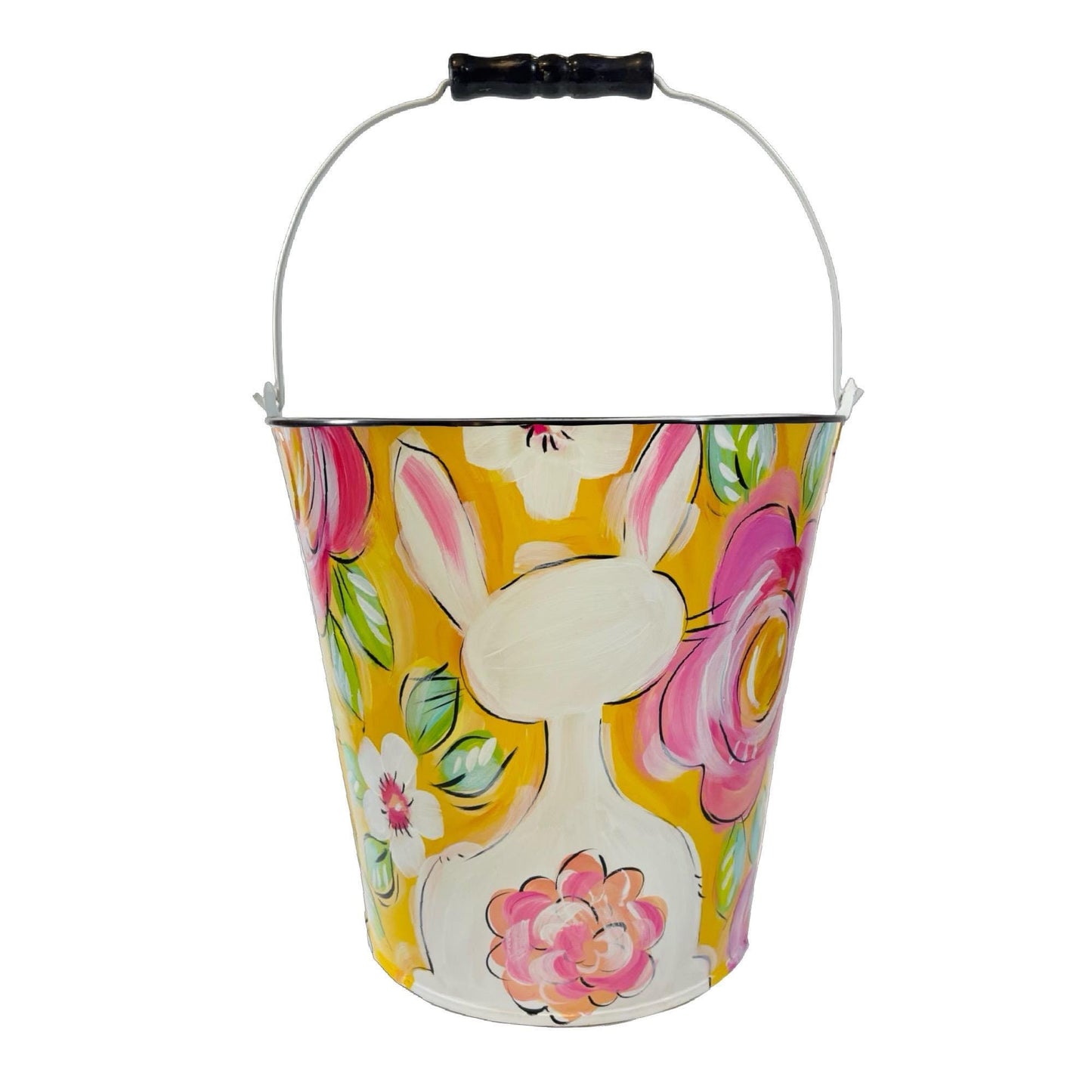 Pink Easter Container Personalized Bucket Option Hand Painted Design Custom Name Feature Decorative Storage Solution Holiday Gift Alternative Children Present Idea Metal Pail Construction Beautiful Spring Decoration Easter Celebration