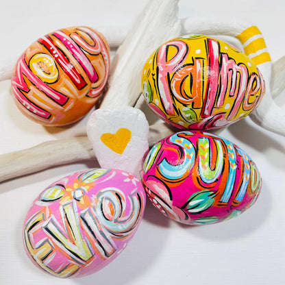 Handpainted Easter Egg Personalized Name Custom Design Spring Holiday Decoration Colorful Artistic Creation Paper Mache Construction Lightweight Easter Basket Addition Perfect Child Gift Easter Tradition Keepsake Memory Collection Unique