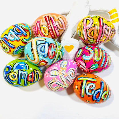 Easter Basket Addition Handpainted Egg Design Custom Name Personalization Spring Mantel Display Decorative Holiday Item Colorful Easter Decoration Paper Mache Construction Lightweight Durable Material Easter Celebration Piece Unique