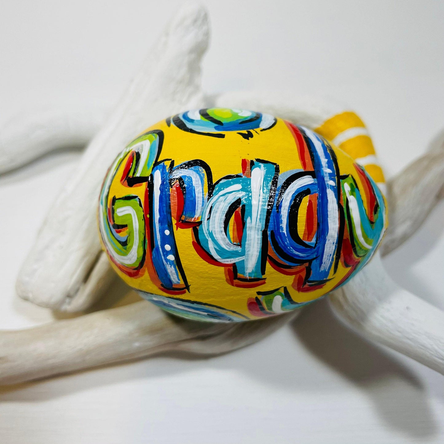 Handcrafted Design Unique Present Easter Egg Creation Personalized Name Detail Custom Gift Item Paper Mache Construction Lightweight Easter Decoration Spring Holiday Celebration Colorful Artistic Style Easter Basket Addition Perfect Child