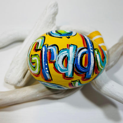 Handcrafted Design Unique Present Easter Egg Creation Personalized Name Detail Custom Gift Item Paper Mache Construction Lightweight Easter Decoration Spring Holiday Celebration Colorful Artistic Style Easter Basket Addition Perfect Child