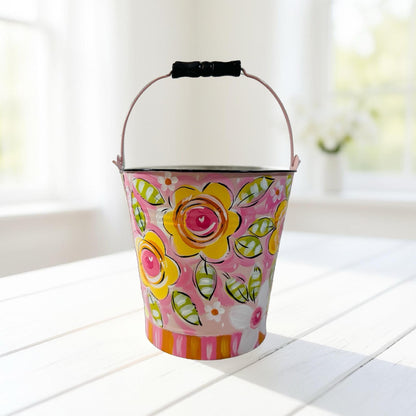 Holiday Gift Basket Personalized Easter Container Custom Name Monogram Special Occasion Present Hand Painted Floral Design Decorative Metal Pail Easter Egg Hunt Basket Toy Storage Solution Spring Celebration Accessory Keepsake Quality