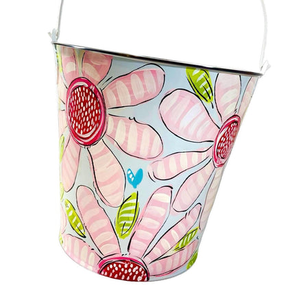 Pink Floral Basket Easter Bucket Personalized Name Design Hand Painted Container Custom Gift Girls Style Flower Pattern Detail Metal Pail Storage Solution Versatile Organization Easter Egg Hunt Accessory Birthday Present Baby Shower Gift