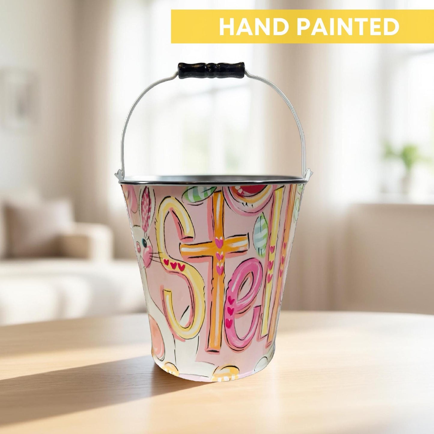 Personalized Easter Bucket Hand Painted Metal Container Pink Basket Custom Name Girl Egg Hunt Collection Spring Celebration Keepsake Gift Beautiful Decorative Pail Children Present Bunny Design Special Holiday Tradition Storage Solution