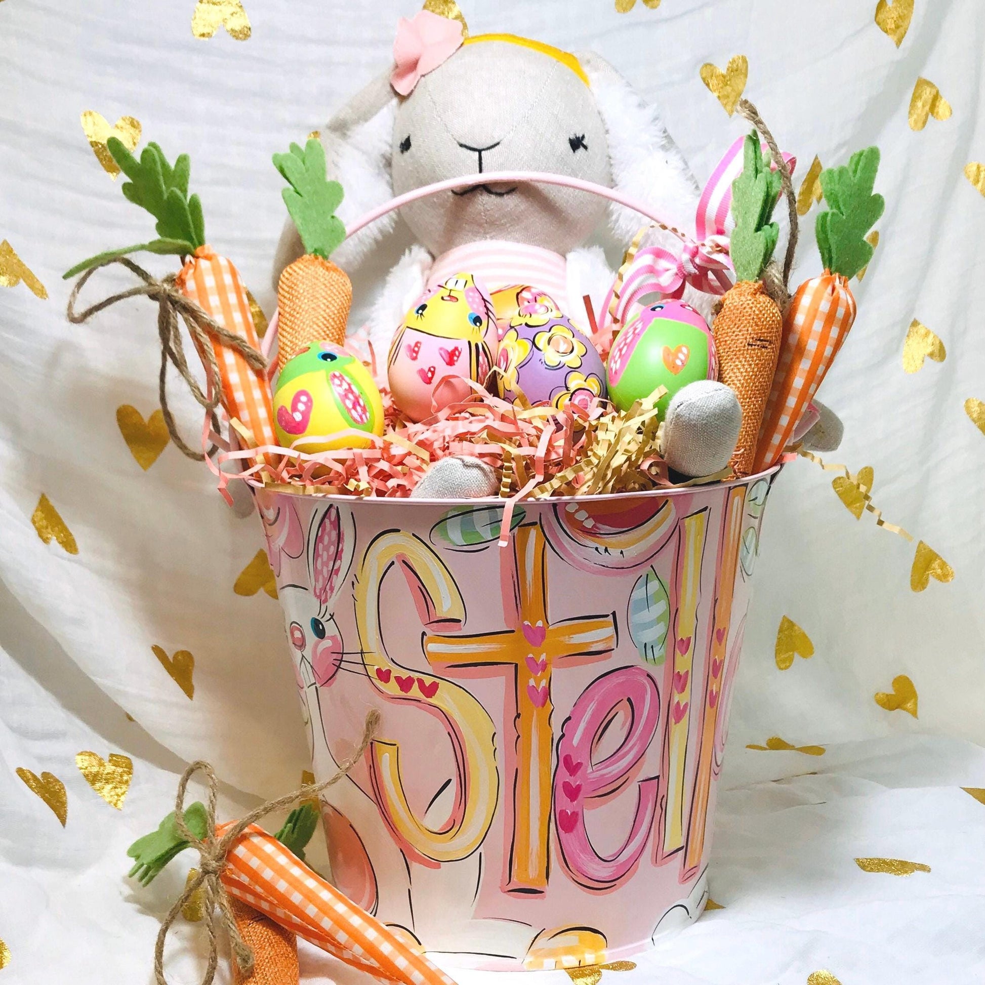 Pink Metal Easter Container Personalized Bucket Custom Name Pail Hand Painted Girl Basket Storage Solution Versatile Collection Holder Spring Celebration Accessory Egg Hunt Tradition Bunny Design Beautiful Decorative Item Quality Crafted