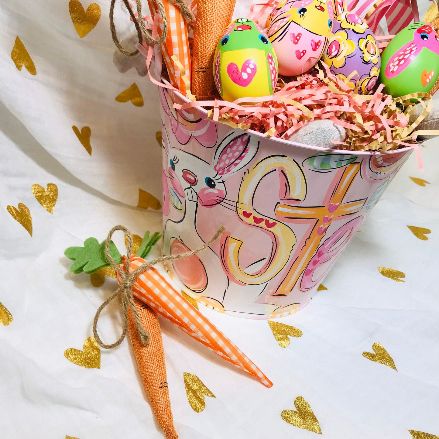 Spring Celebration Bucket Personalized Easter Pail Custom Name Container Hand Painted Metal Pink Basket Girl Easter Tradition Egg Hunt Collection Bunny Design Beautiful Decorative Storage Solution Quality Crafted Item Special Holiday Gift