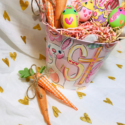 Spring Celebration Bucket Personalized Easter Pail Custom Name Container Hand Painted Metal Pink Basket Girl Easter Tradition Egg Hunt Collection Bunny Design Beautiful Decorative Storage Solution Quality Crafted Item Special Holiday Gift