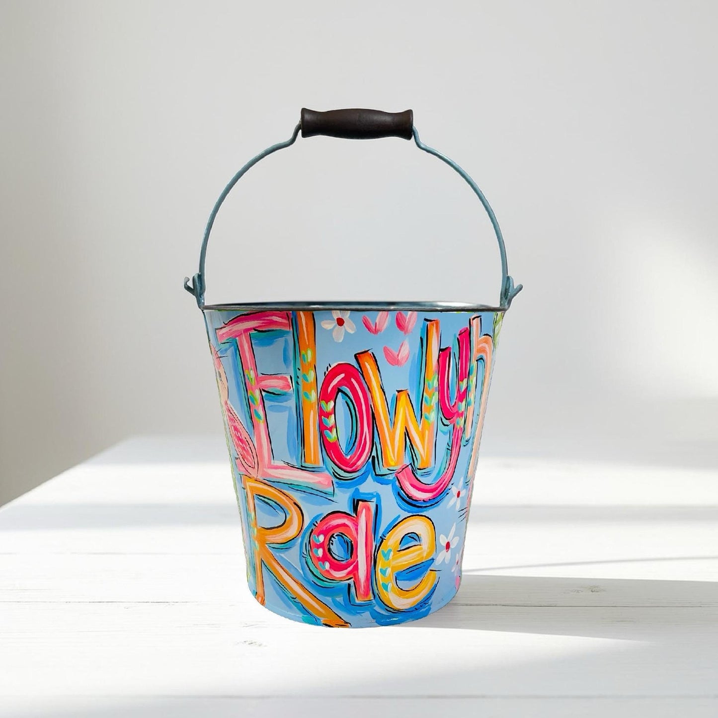 Custom Name Bucket Personalized Easter Gift Hand Painted Pail Beautiful Floral Design Blue Pink Pattern Birthday Present Idea Baby Shower Gift Spring Celebration Container Special Keepsake Item Storage Solution Nursery Decoration Unique
