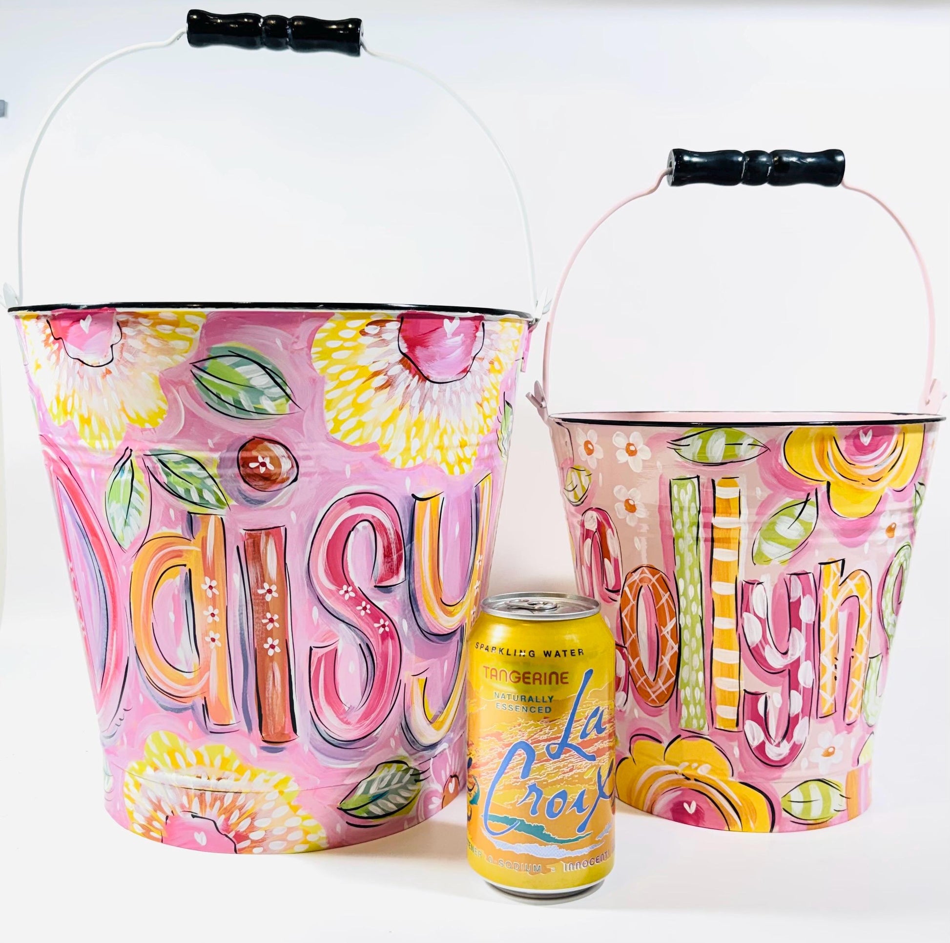 Blue Pink Floral Basket Hand Painted Easter Pail Personalized Name Design Custom Gift Idea Spring Celebration Container Decorative Storage Solution Nursery Organization Option Beautiful Handcrafted Creation Special Keepsake Item Easter