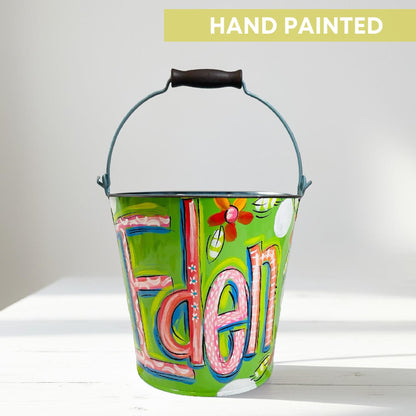 Personalized Easter Bucket Hand Painted Floral Design Custom Pail Metal Container Easter Egg Hunt Basket Pink Green Flower Pattern Customized Name Option Decorative Storage Solution Girl Easter Gift Spring Holiday Celebration Children