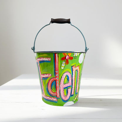 Hand Painted Metal Bucket Personalized Storage Container Decorative Floral Pail Custom Name Design Pink Green Flower Pattern Easter Gift Basket Girl Birthday Present Stylish Organization Solution Keepsake Item Beautiful Spring Decoration
