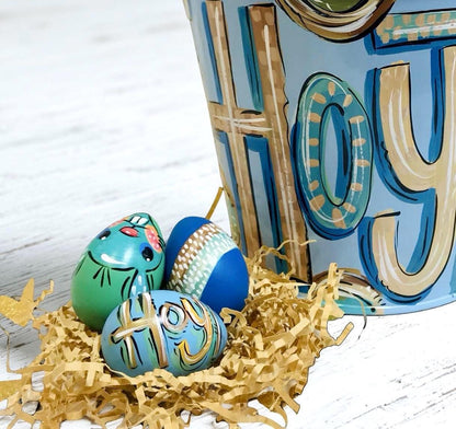 Metal Storage Pail Personalized Easter Bucket Hand Painted Design Blue Color Custom Name Option Bunny Decoration Theme Toy Container Organization Solution Children Room Decor Egg Hunt Basket Spring Holiday Collection Baby Shower Gift